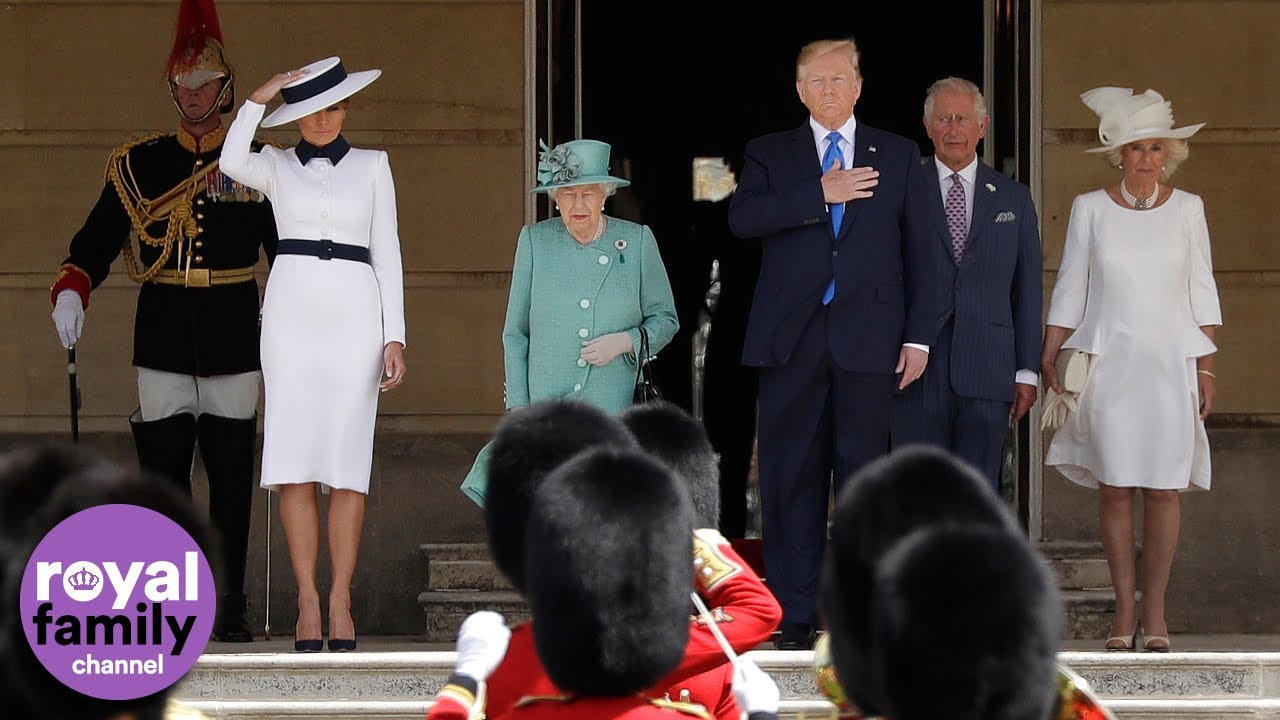 Donald and Melania Trump and The Queen stand for US National Anthem