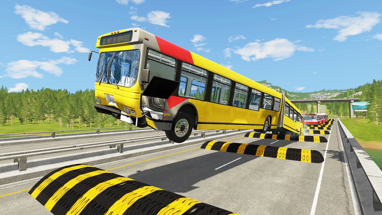 Long Bus, City Bus And School Bus Vs 100 Massive Speed Bumps #1 in BeamNG.Drive