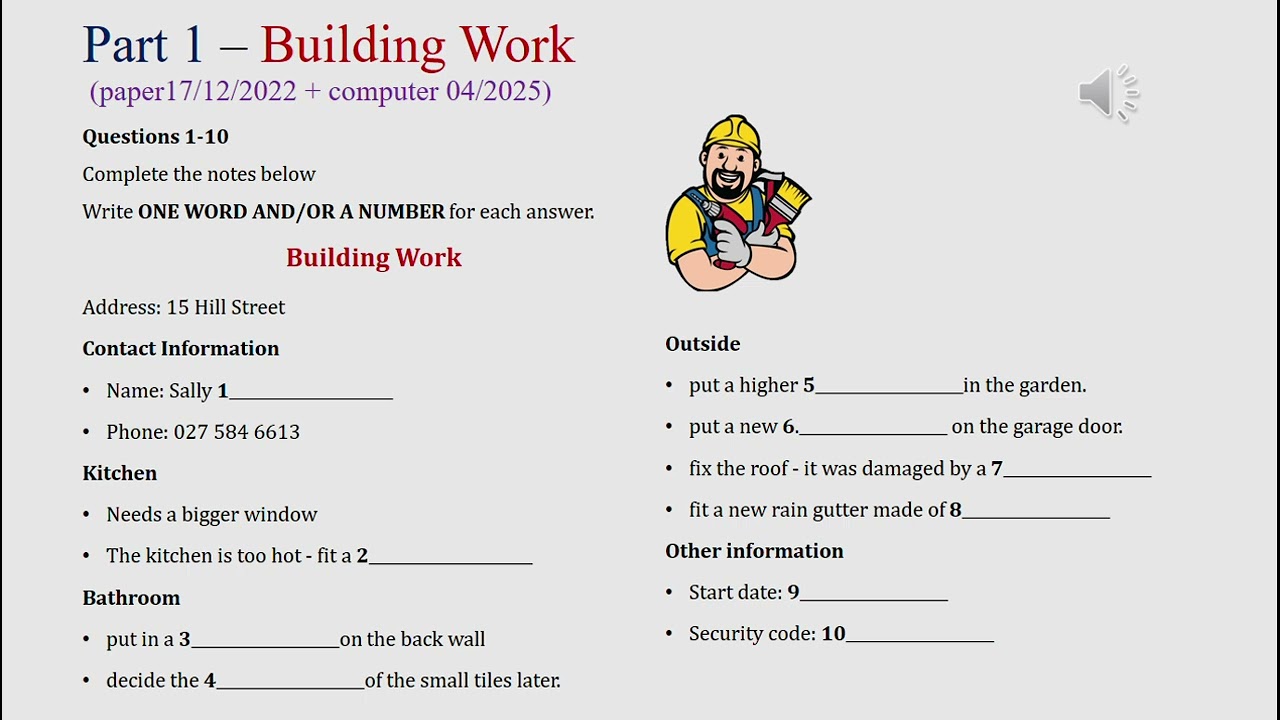 IELTS listening actual test Part 1: Building work (answer+ transcript)