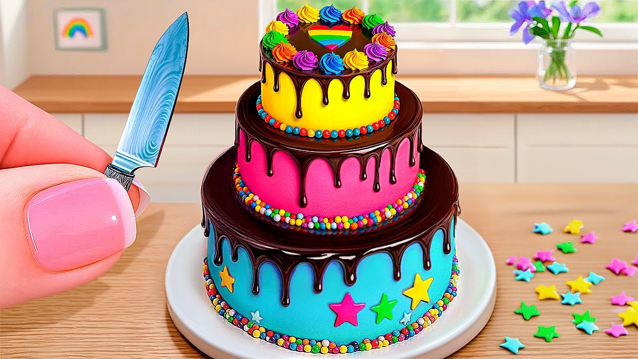 Dipping a Rainbow Cake into Chocolate 🍫🌈 | Tiny Food ASMR Magic