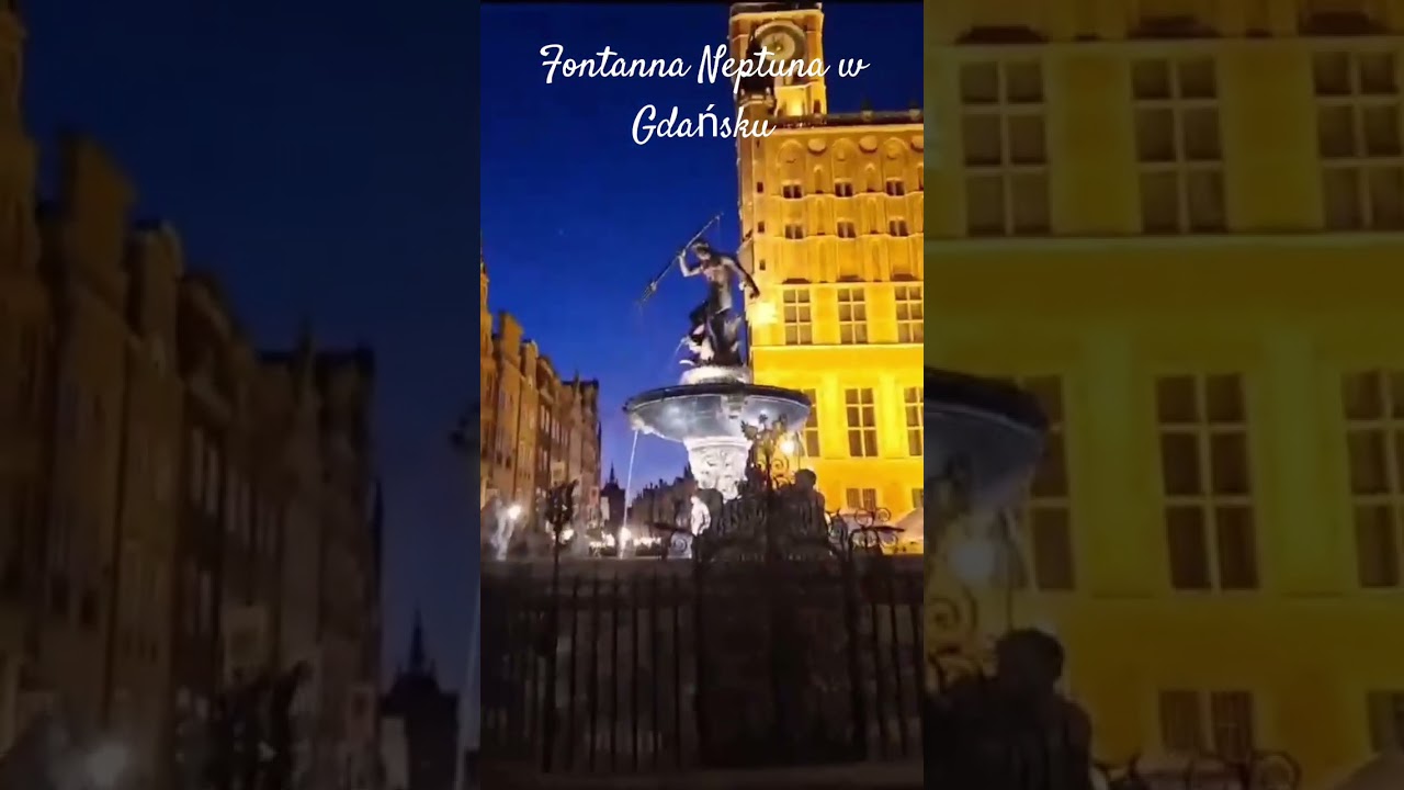 Fontanna Neptuna w Gdańku nocą.