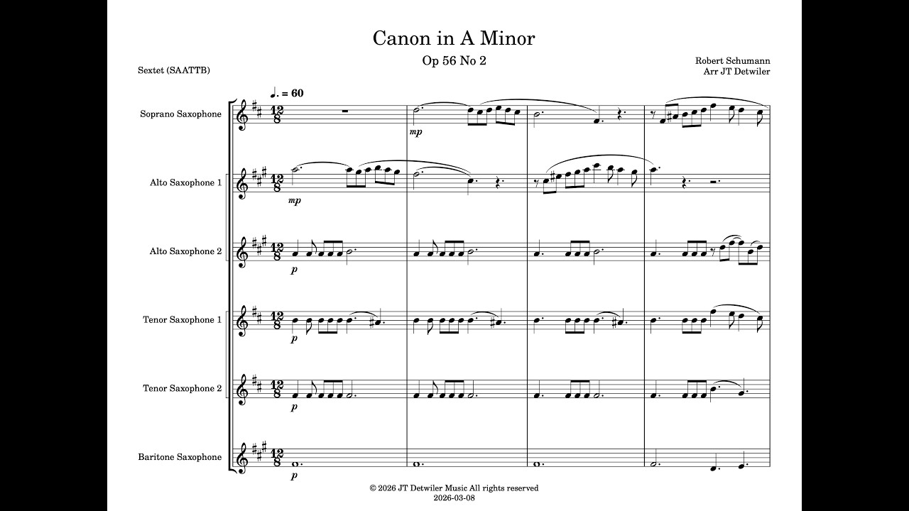 Canon In A Minor, Op 56, No 2 - Robert Schumann for Saxophone Sextet (SAATTB)