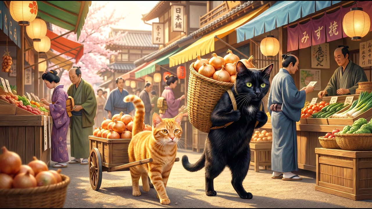 黒猫ジジとジンジャー、朝採れ玉ねぎを市場へ──小さな挑戦の一日🐾🧅