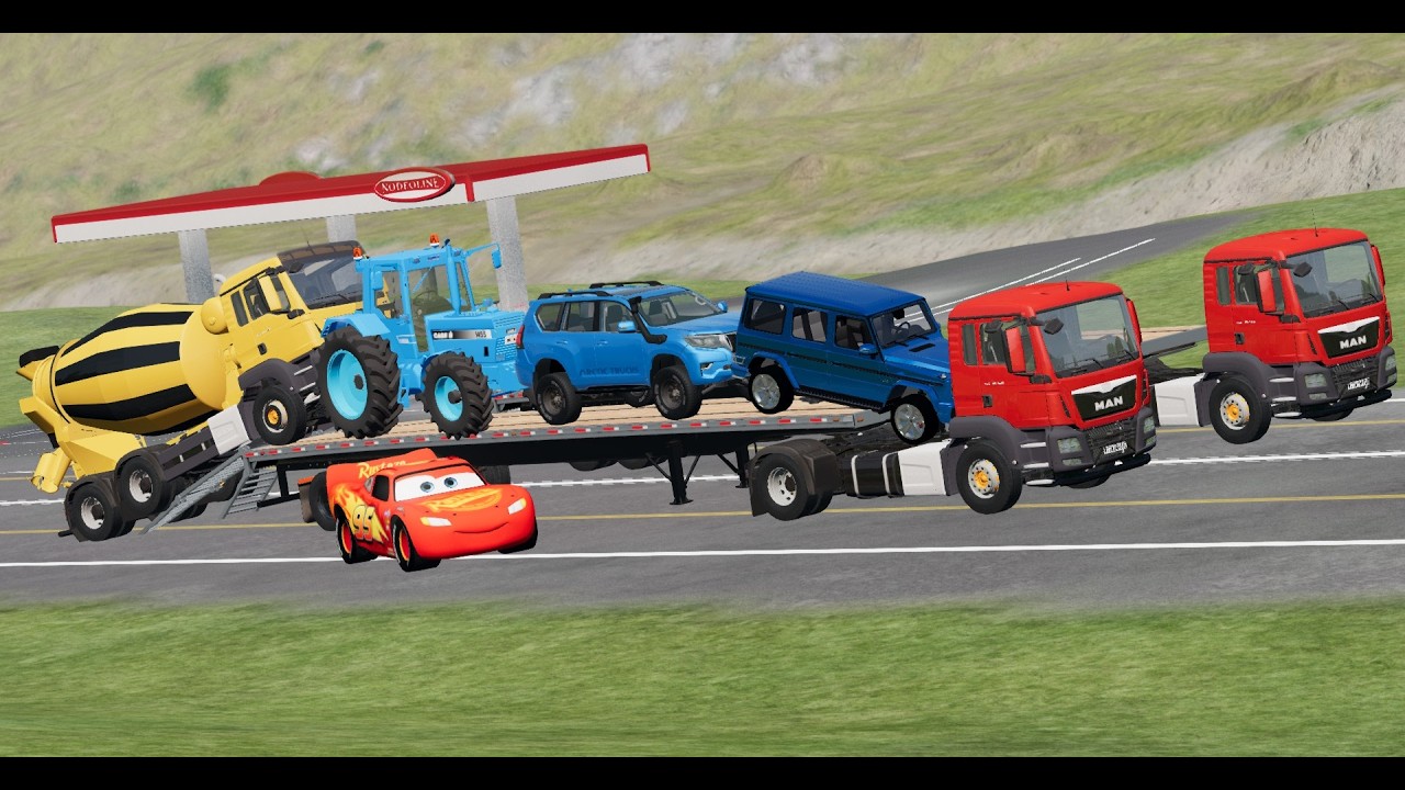 Flatbed Truck McQueen | Truck Transport | BeamNG Pothole Challenge | Train Collision #03#beamngdrive