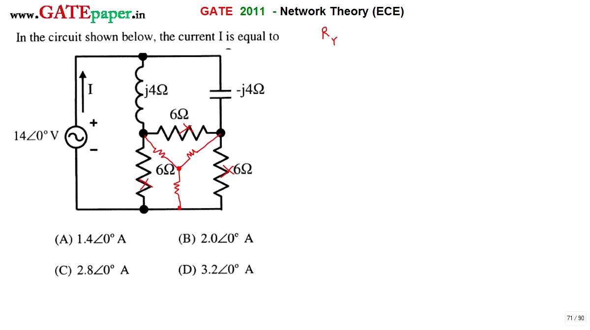 GATE 2011 ECE The current I in the circuit shown - use Delta to Star conversion