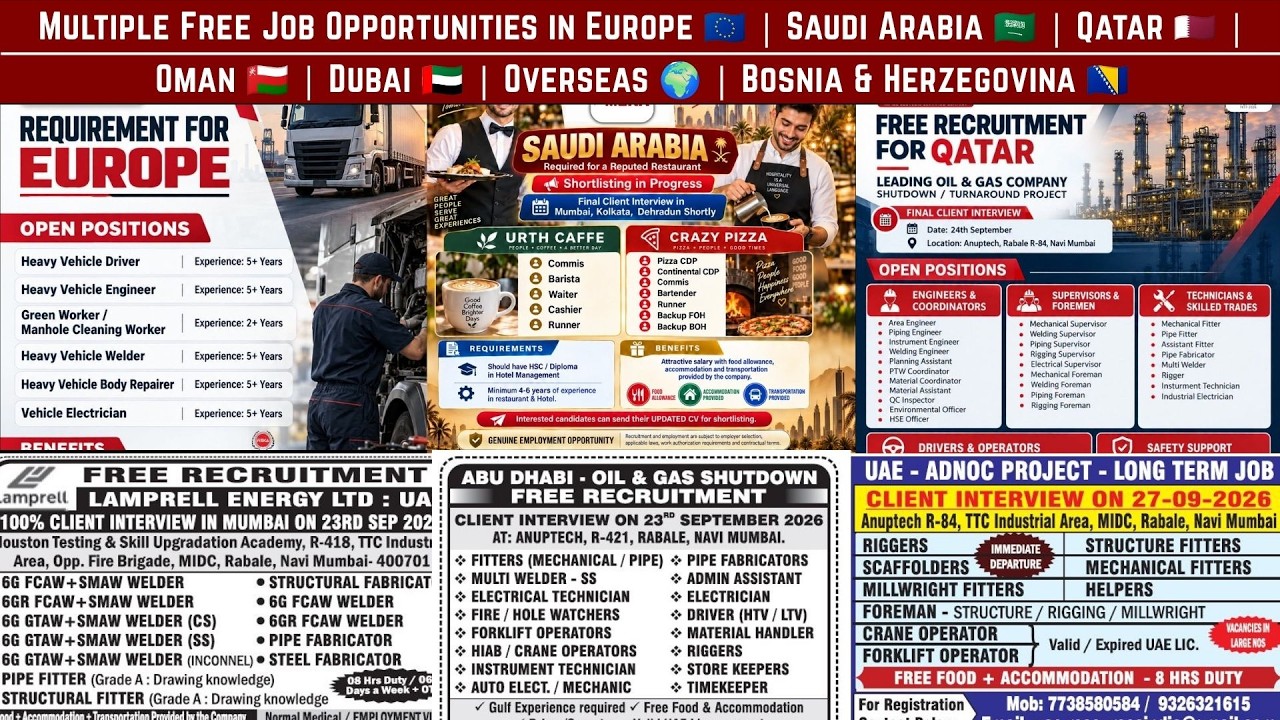 Multiple free jobs for multiple countries Europe, Saudi, Qatar, Oman, Dubai, Overseas, Bosnia