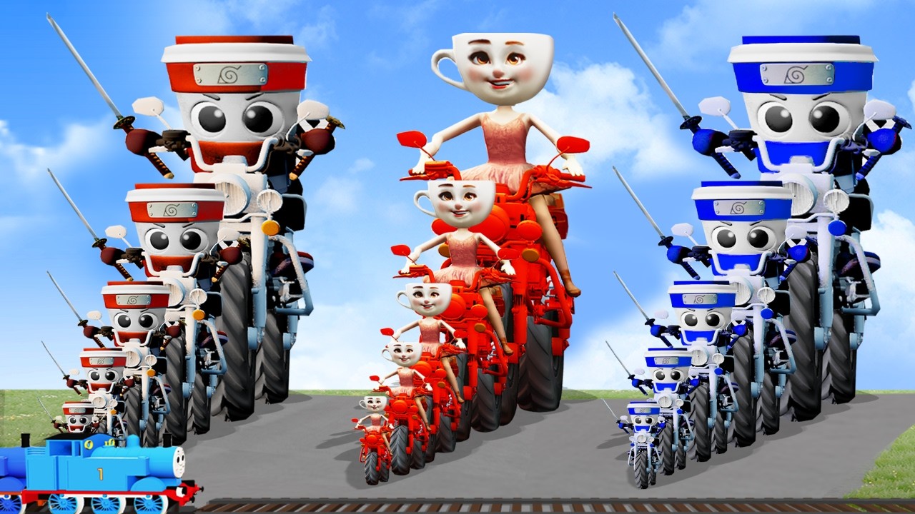 Big & Small Red and Blue Cappuccino Assassino vs Ballerina Capuchina on a motorcycle vs Train