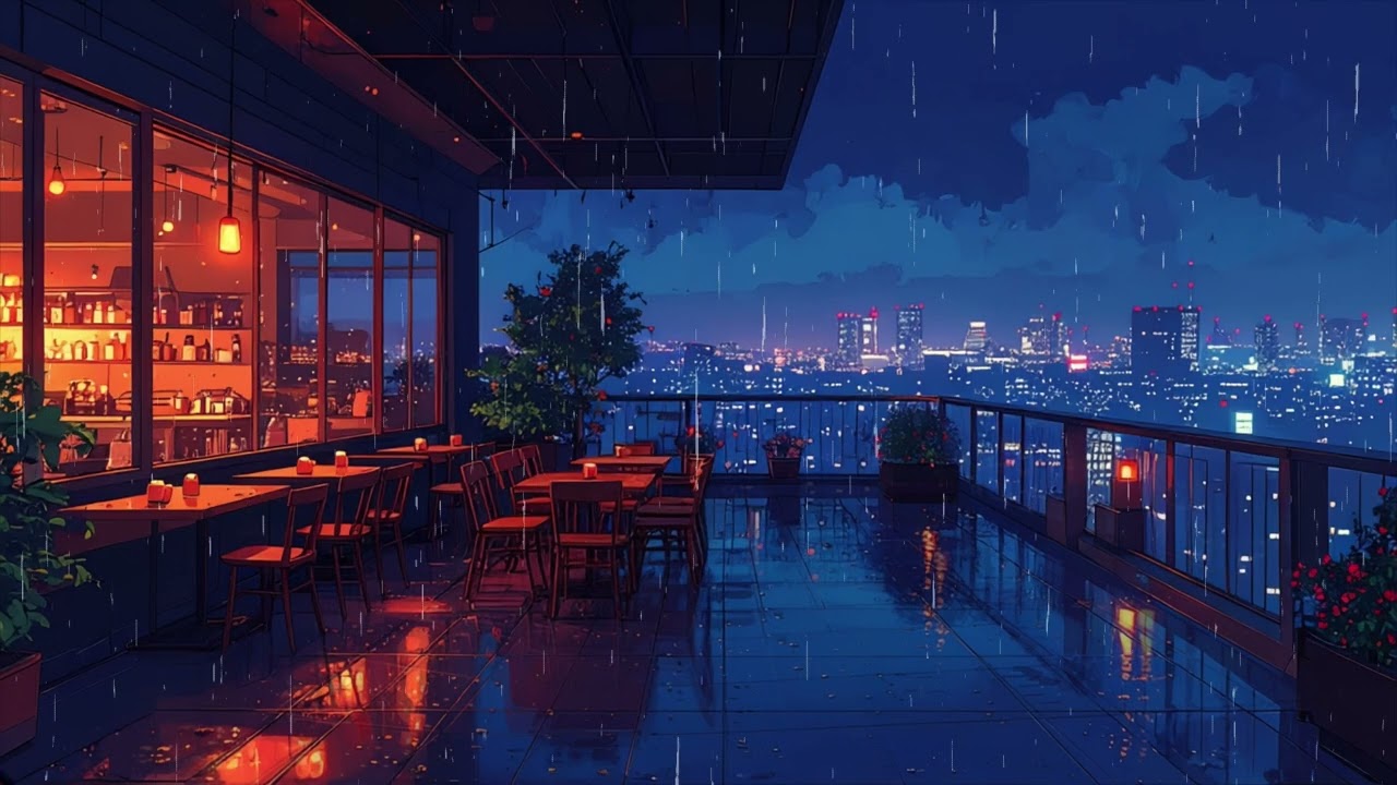 Rooftop Cafe in Rain Lofi - Study & Work - 1 Hour - Rain Ambience
