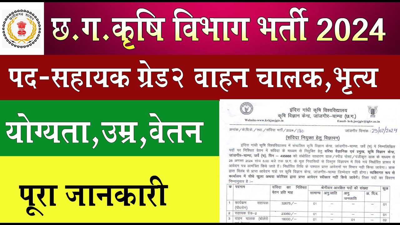 CG DRIVER VACANCY 2024 I CG NEW VACANCY I KRISHI VIBHAG NEW VACANCY 2024 I CG NEW VACANCY 2024