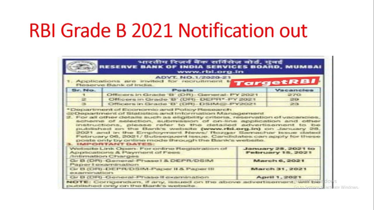 RBI GRADE B 2021 NOTIFICATION OUT