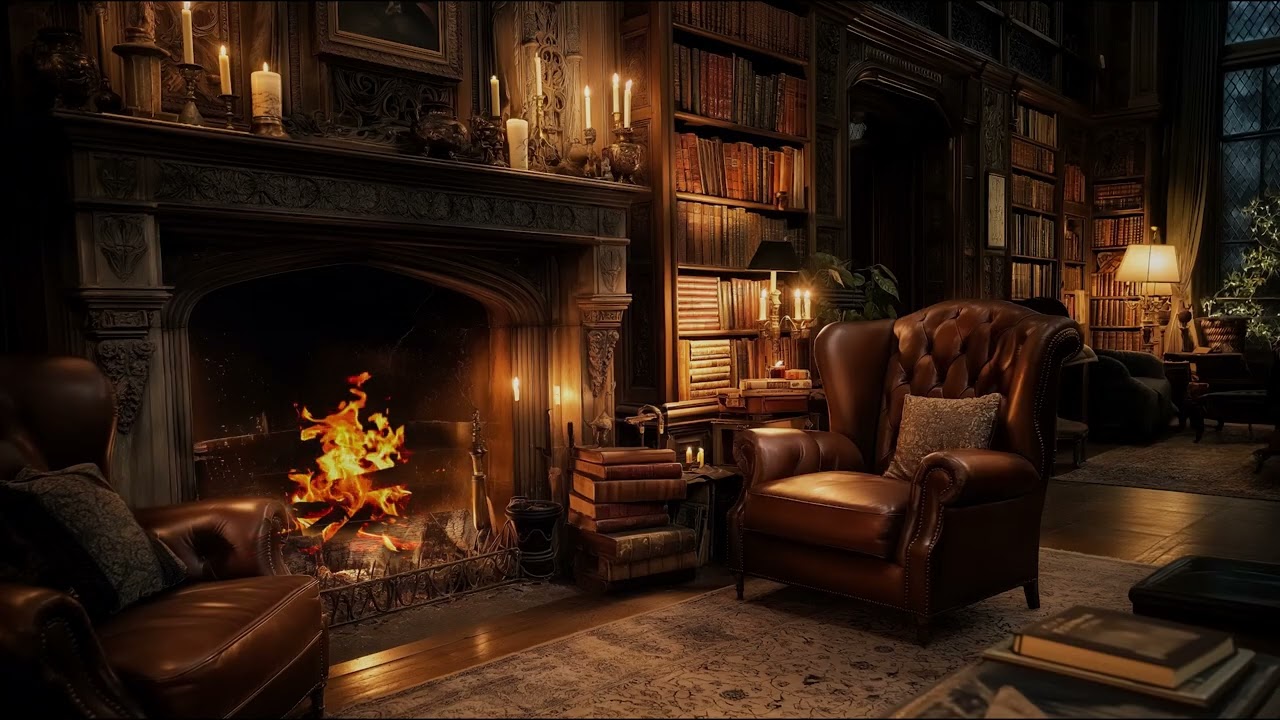Warm Library with Fireplace and Leather Chairs – Fire Crackling Sounds for Relaxation and Sleep