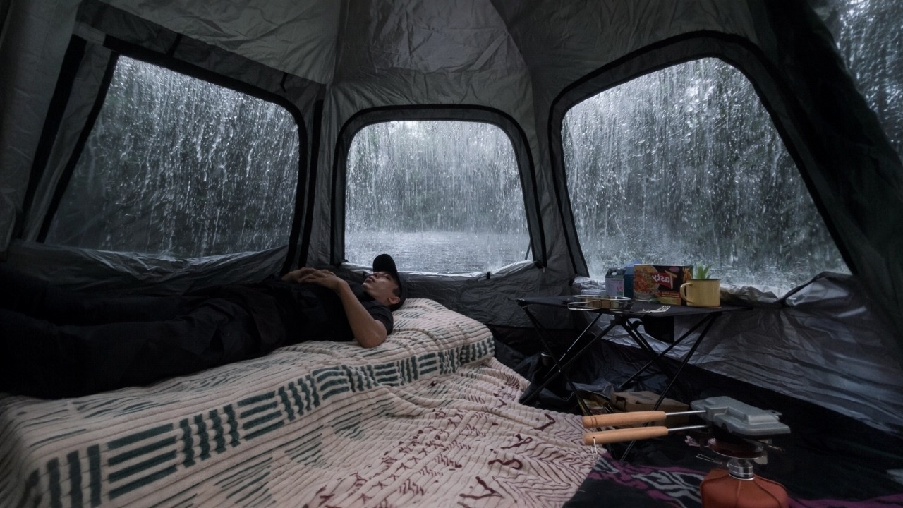 Enjoying a Breathtaking Rain View from My Tent - Solo Camping in Heavy Rain for Relaxing