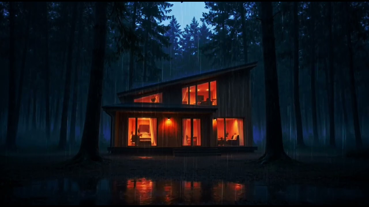 Rain Falling on cabin forest| Peaceful Luxury Cabin Night