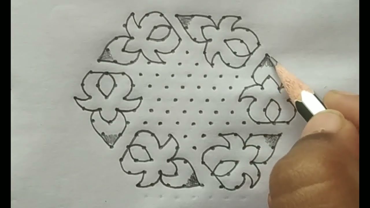 15×8“Beautiful Floral Kolam 🌸 | Easy Pencil Dot Rangoli Design for Beginners”