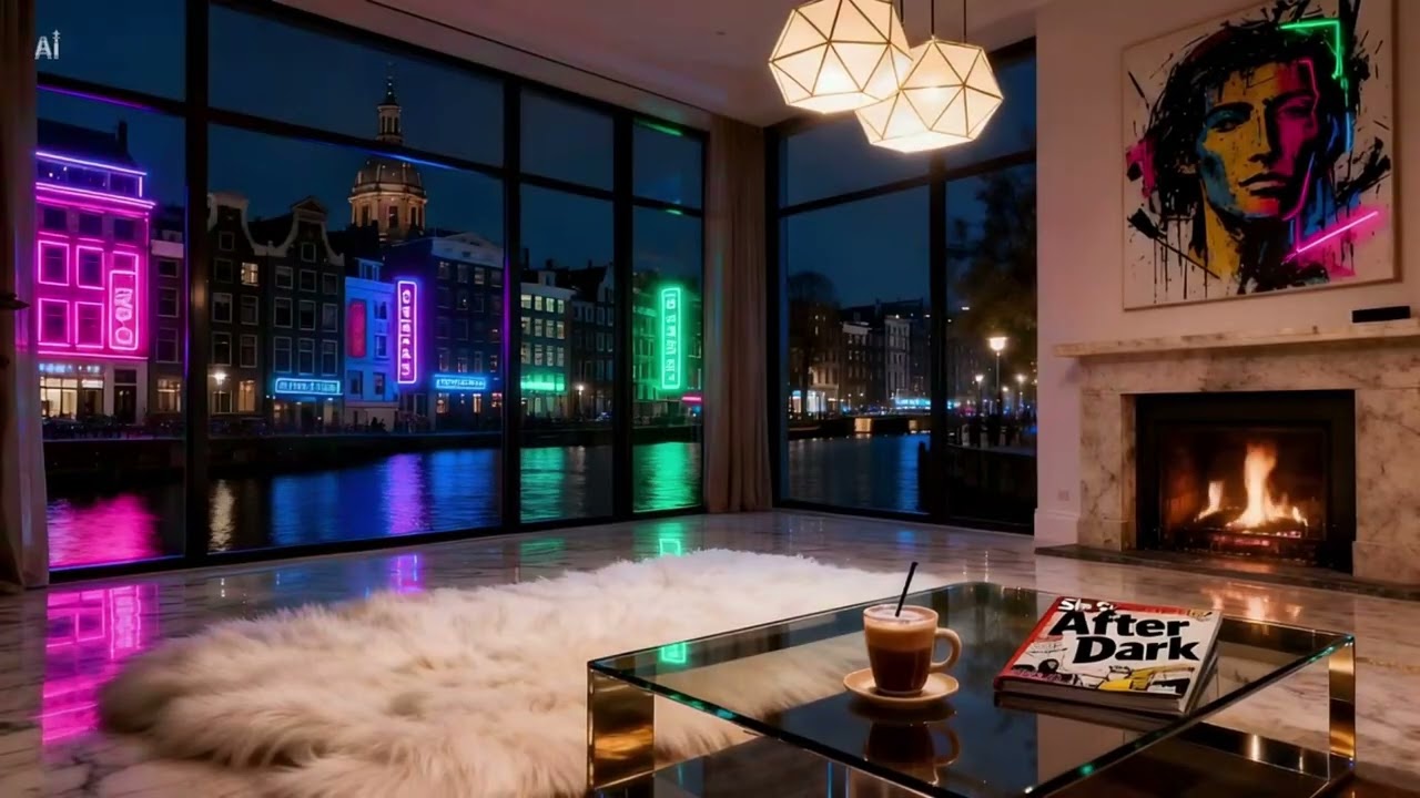 Relax in Amsterdam 🌙 | Cozy Fireplace, City Lights & Canal Sounds