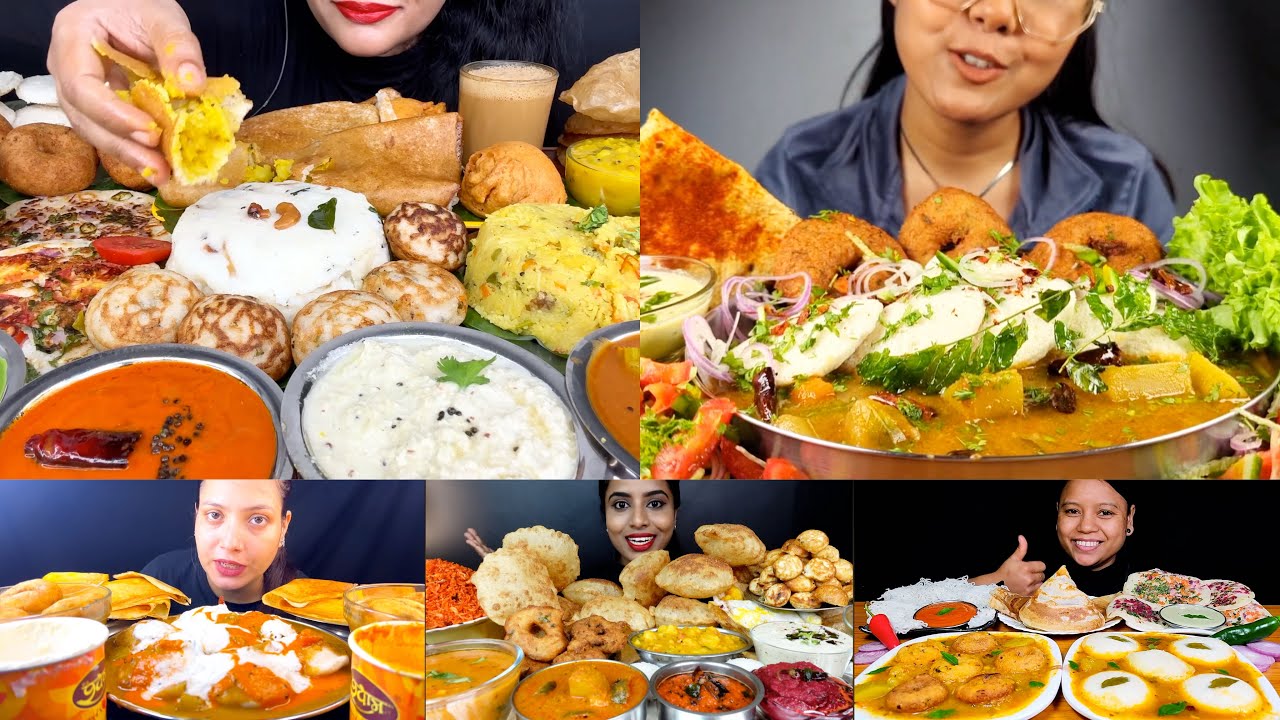 Asmr:Eating Masala Dosa,Idli,Sambar,Medu Vada,Puri,Dahi bada,Uppam,Fried Rice🔥