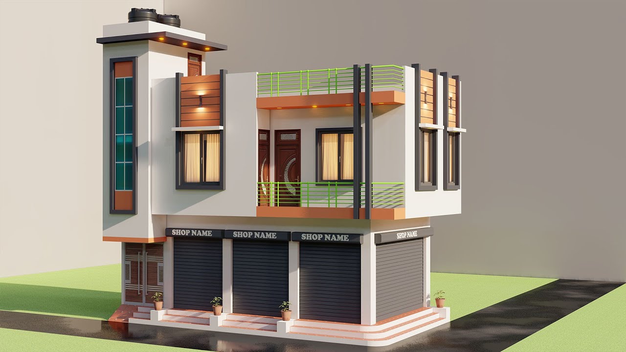 15X30 Nichhe Dukan Upar Makan Ka Naksha,3D Corner Shop WIth House Plan