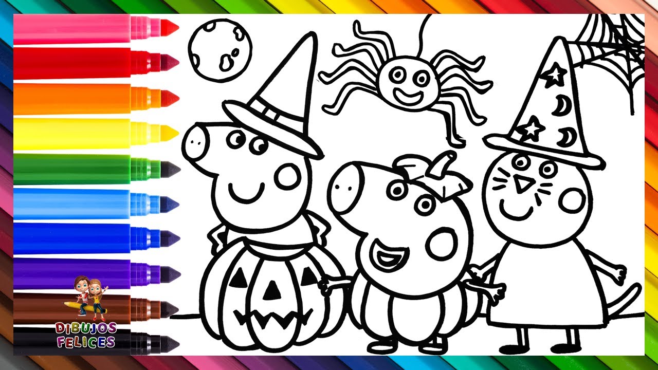 Dibuja y Colorea A Peppa Pig Durante Halloween 🐷🎃🕷️🕸️🧙‍♀️🌕 Dibujos Para Niños