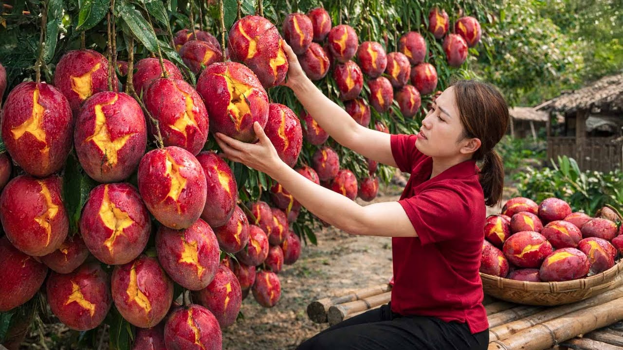 Harvesting Giant Red Mangoes—Sold Fast at the Market | Traditional Spicy Mango Salad