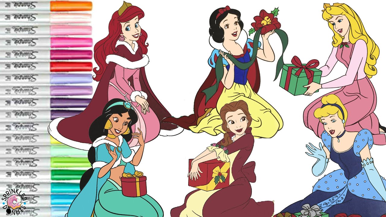 Disney Princess Coloring Book Compilation Christmas Belle Jasmine Aurora Ariel Cinderella Snow White