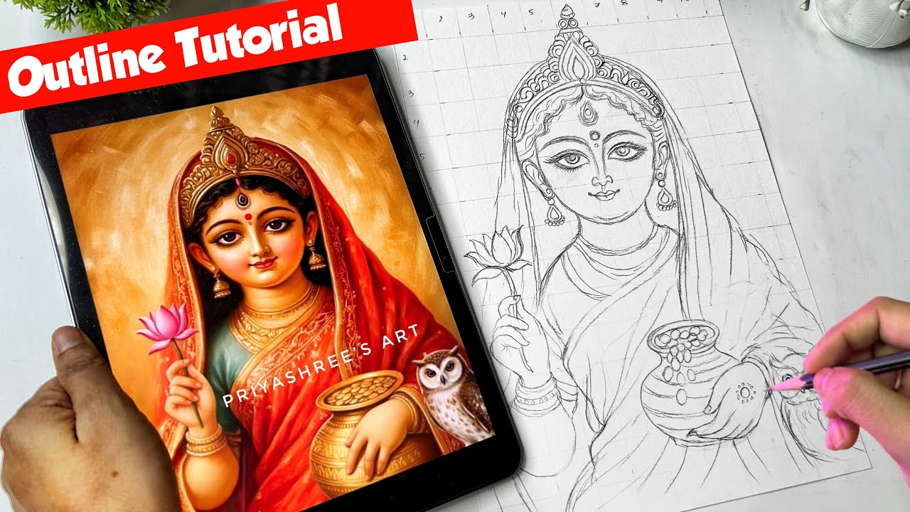 Laxmi Mata Drawing, How to draw lakshmi Mata, Lakshmi Drawing Outline tutorial