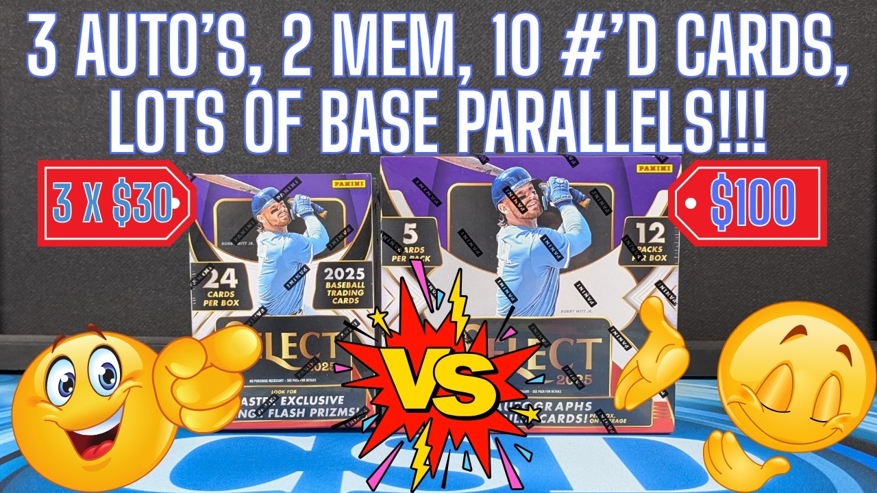 Сравнение коллекционных бейсбольных коробок Panini Select Baseball Blaster Boxes 2025 и премиальн...