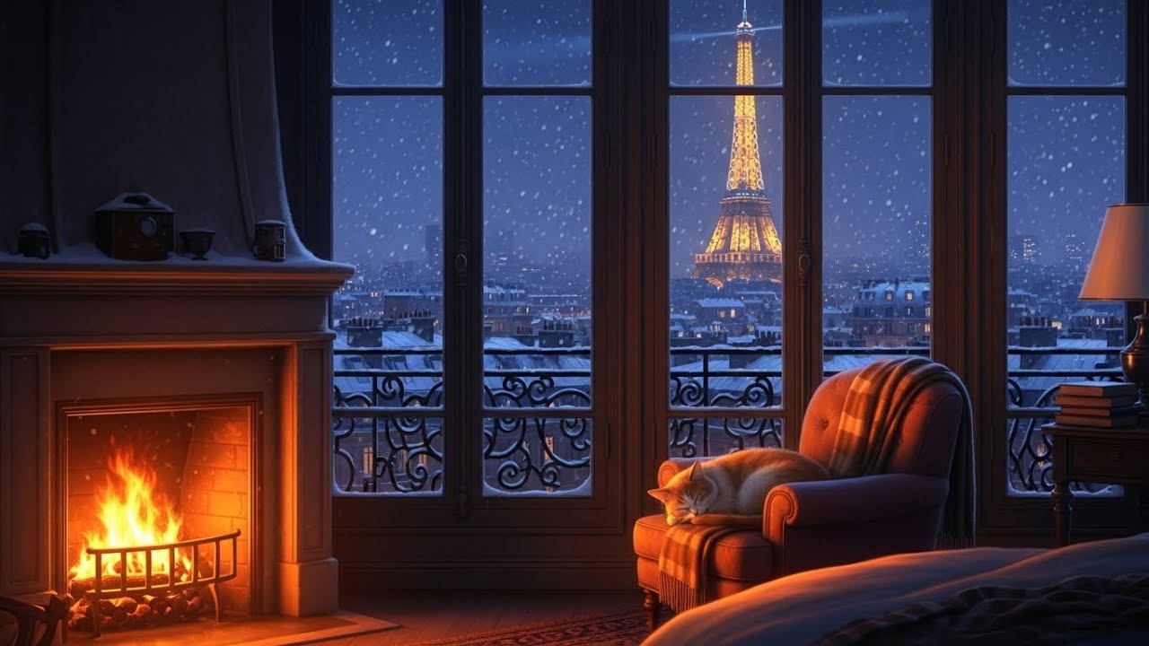calm night in a 1920s | oldies playing in another room (crackling fireplace in Paris), Vol. 4