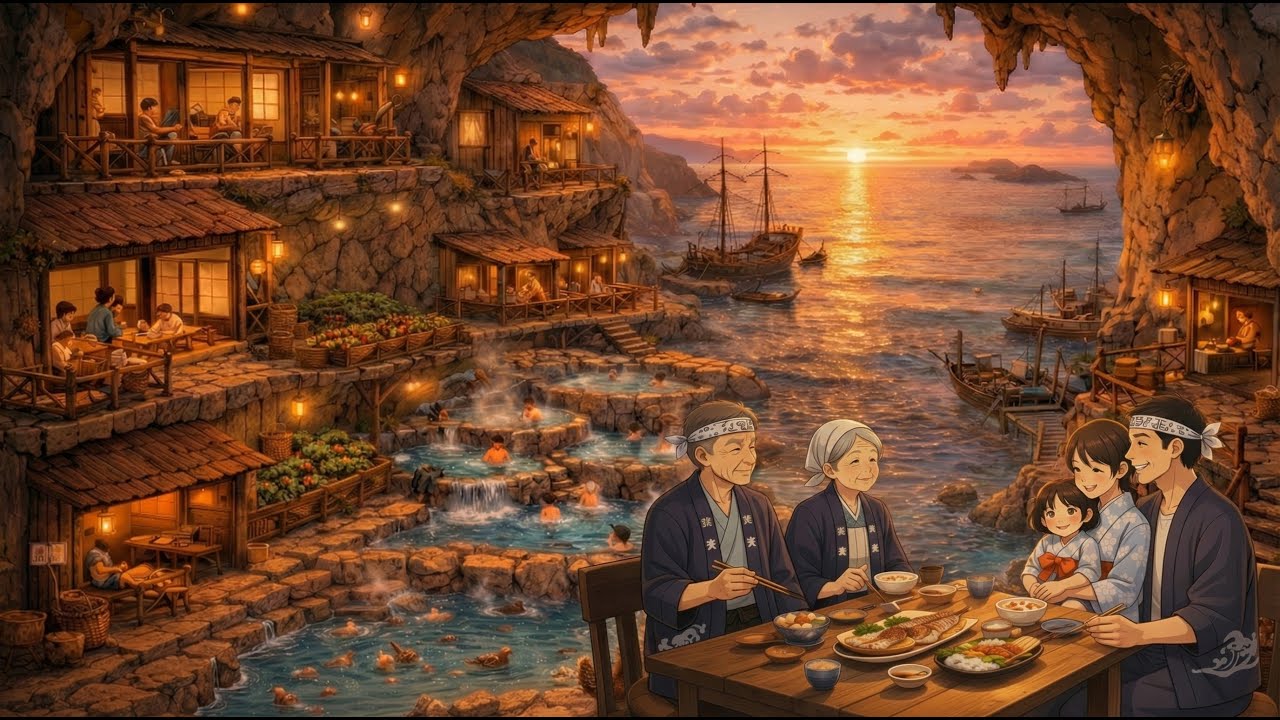 A Golden Sunset in Our Fishing Village | A Warm, Quiet Family Life | Ghibli-Style Video