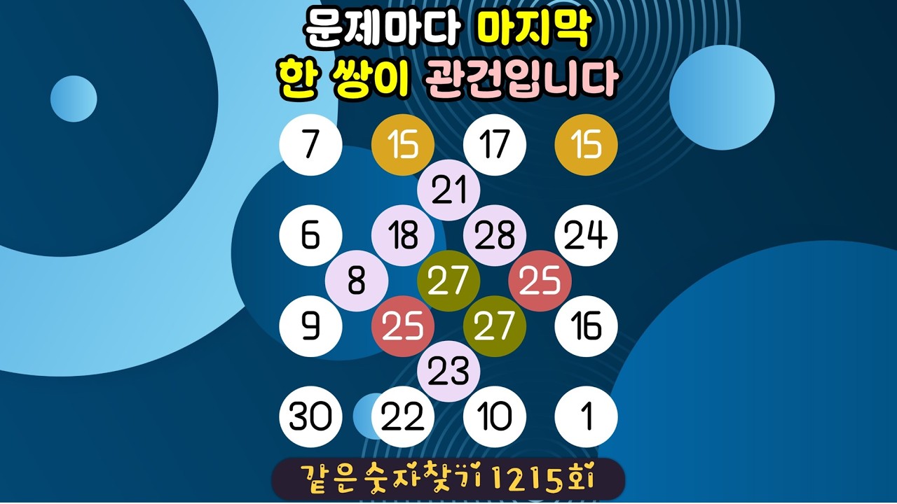 [같은숫자찾기] 1215회 - 문제마다 마지막 한 쌍이 관건입니다.  #퀴즈 #같은숫자찾기 #두뇌훈련 #치매예방퀴즈  #두뇌활성화