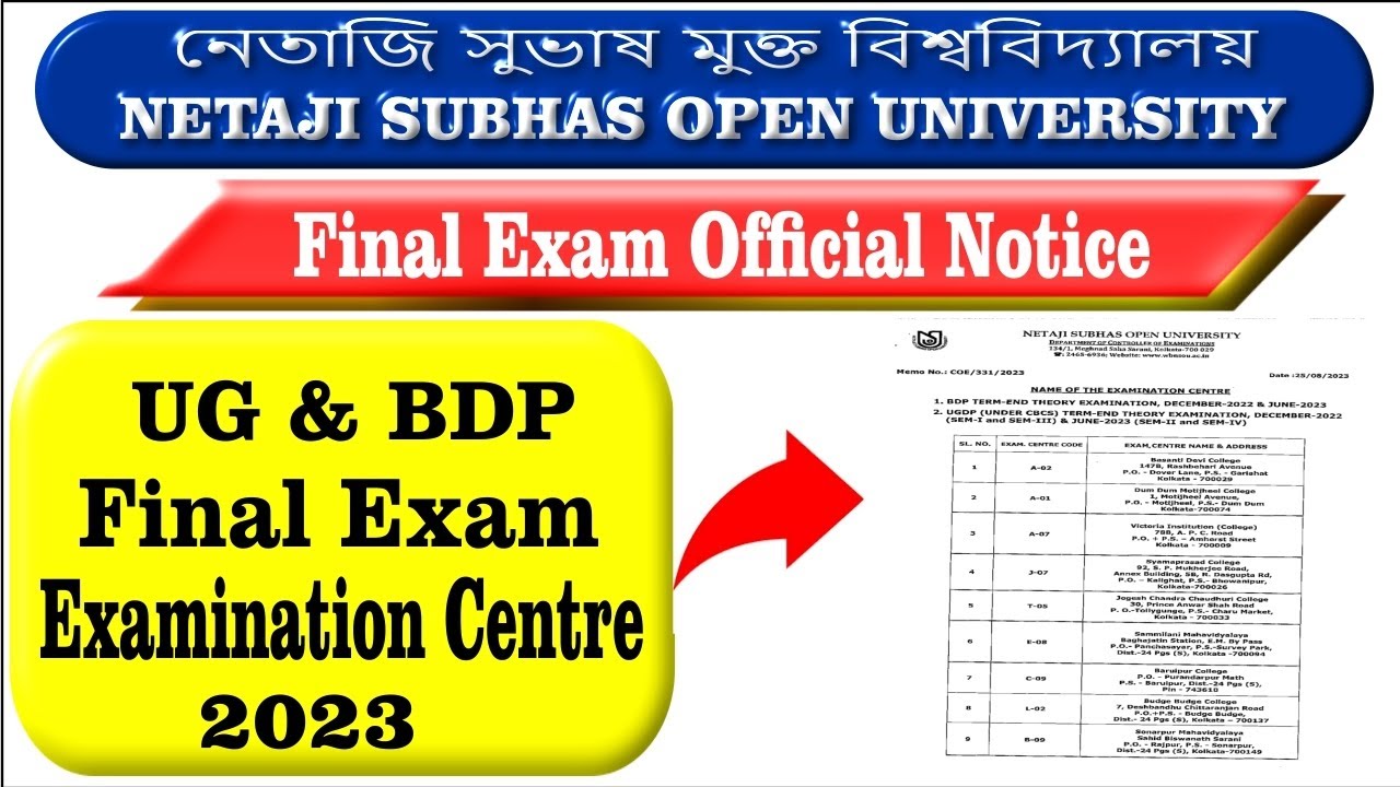 NSOU UG BDP Final Exam Notice Examination Centre List |BA BSc BCom Netaji Subhas Open University