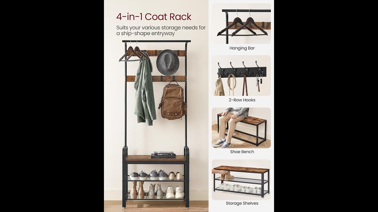 ✨ VASAGLE Hall Tree Entryway Shoe Bench, Shoe Rack, Coat Rack, Removable Hooks, and Hanging Rod!