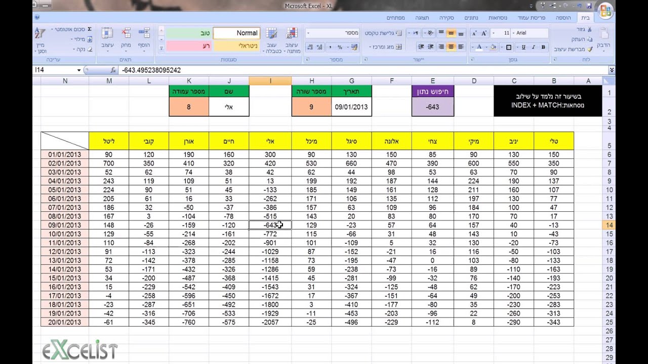 לימוד אקסל שיעור 22 - שילוב נוסחאות / פונקציות INDEX + MATCH