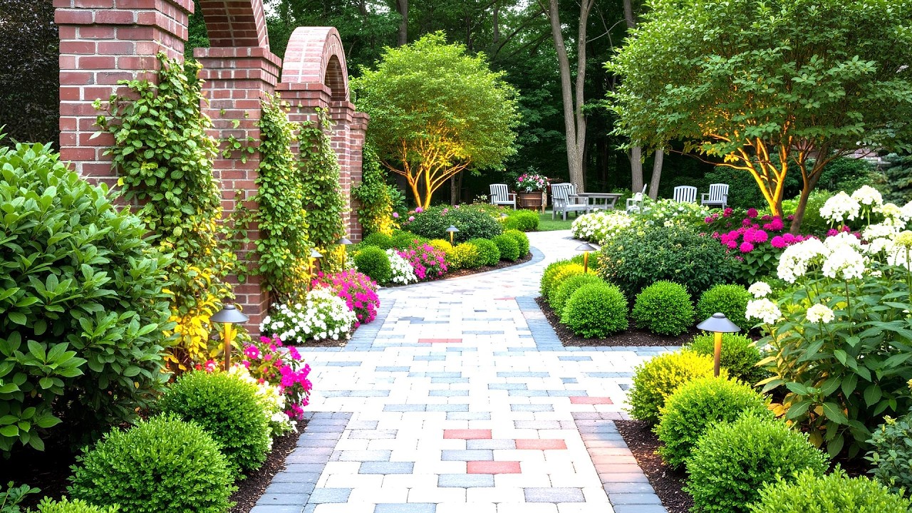 Sunlit Brick Garden Pathway With Lush Landscaping, Colorful Flower Beds and Outdoor Seating Area