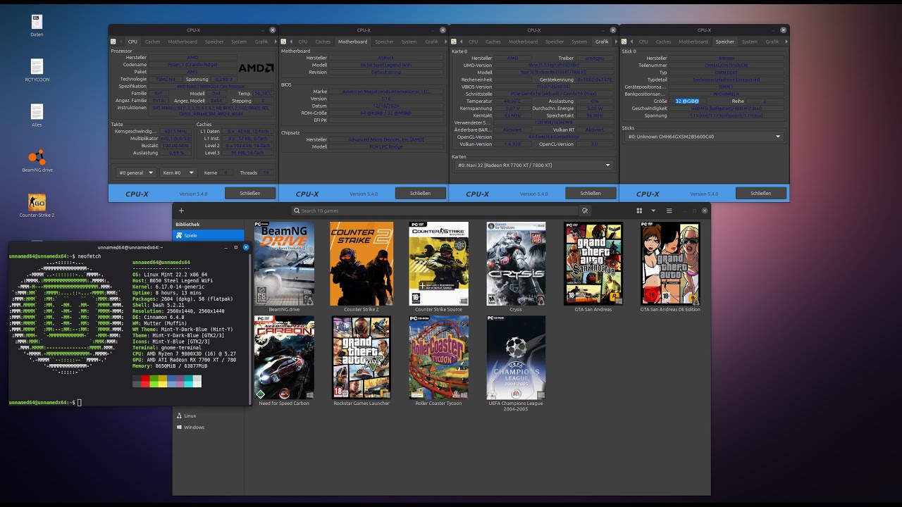 Linux Mint 22.2 Gaming Test, 9800X3D, 7800XT, Steam, Lutris
