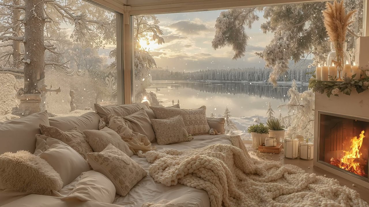 Warm Balcony by the Lake❄️ Soft Piano,Falling Snow & Warm Fireplace for Relaxing