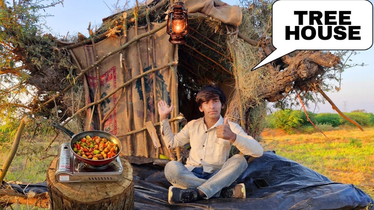 Building a Tree Shelter & Solo Surviving wild forest | भुतीया पेड़ पर बनाया घर काटी रात 