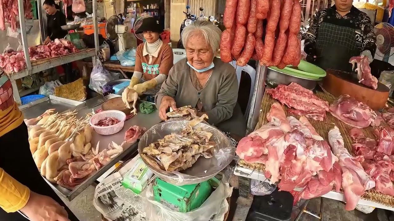 Cambodian Fresh Market Food - Routine Food & Daily People Activities at Chba Ampov Morning Market 