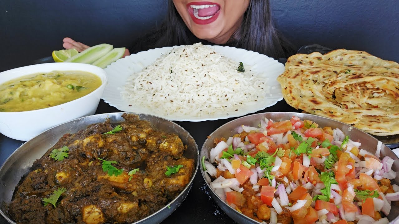 ASMR EATING SIMPLE DAL RICE AND PALAK PANEER WITH LACCHA PARATHA AND CHOLE | MUKBANG 