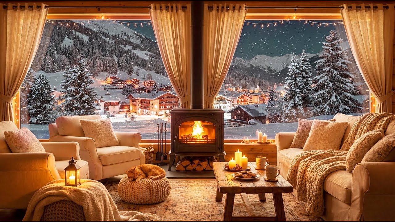 Cozy Winter Cabin Fireplace ❄️ Snowy Night Ambience for Sleep, Relax & Stress Relief