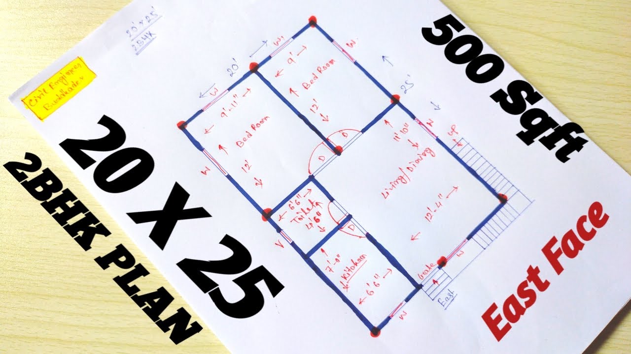 20 X 25 HOUSE PLAN||2BHK BUILDING DRAWING||500 Square Feet HOME DESIGN|| EAST FACE MAKAN