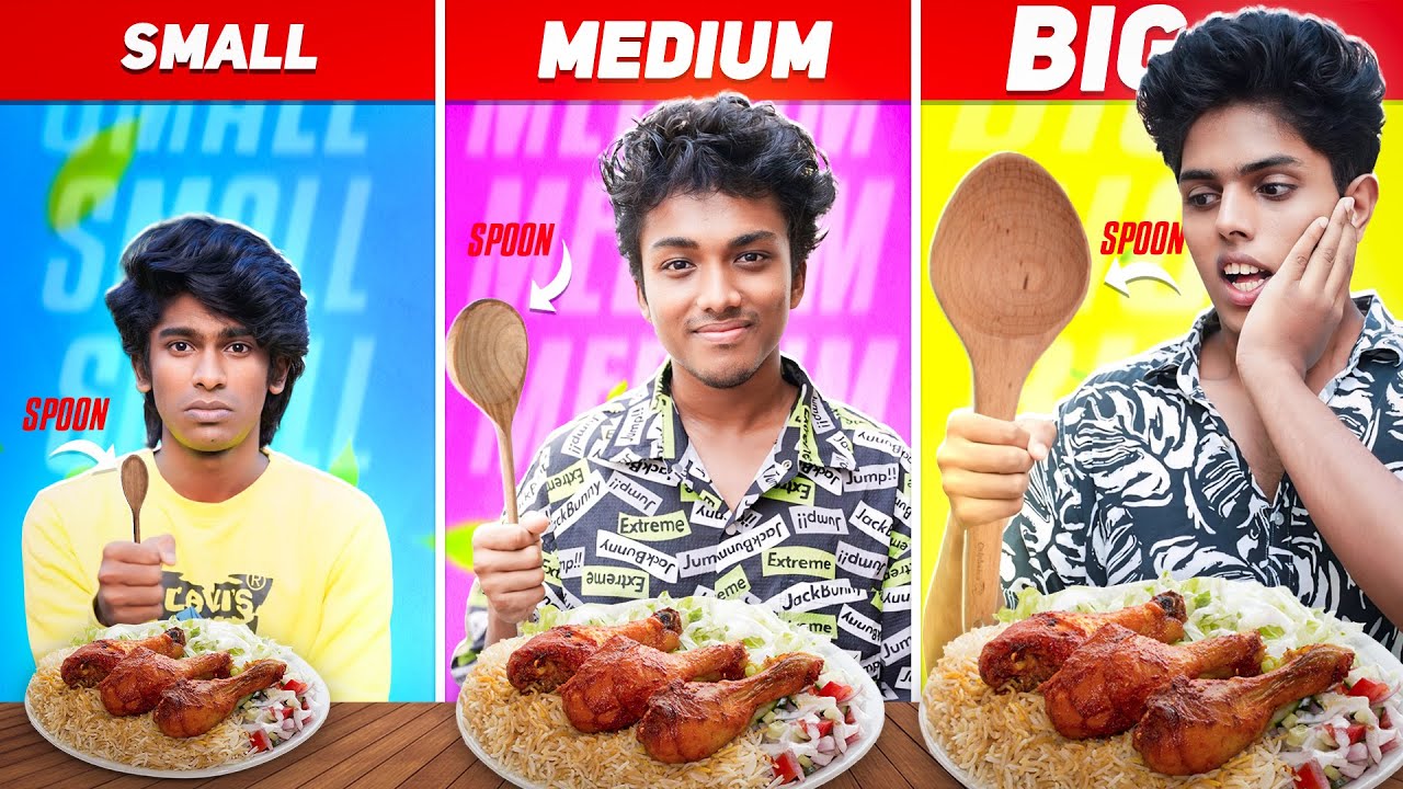 SMALL vs MEDIUM vs BIG Food Eating Challenge 🤩 But SPOON Only 😨 We Talks 