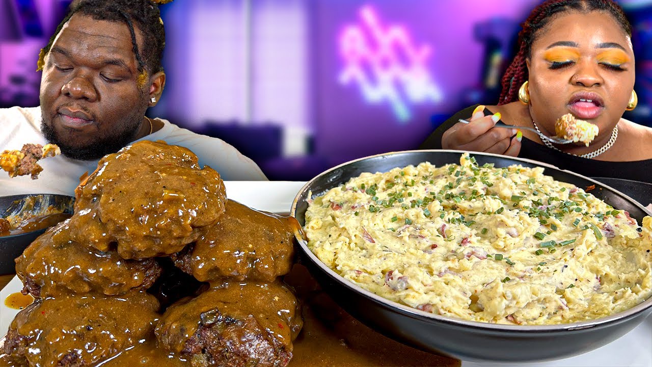 SOUL FOOD MUKBANG! HOW TO MAKE SALISBURY STEAK & THICK MASHED POTATOES!