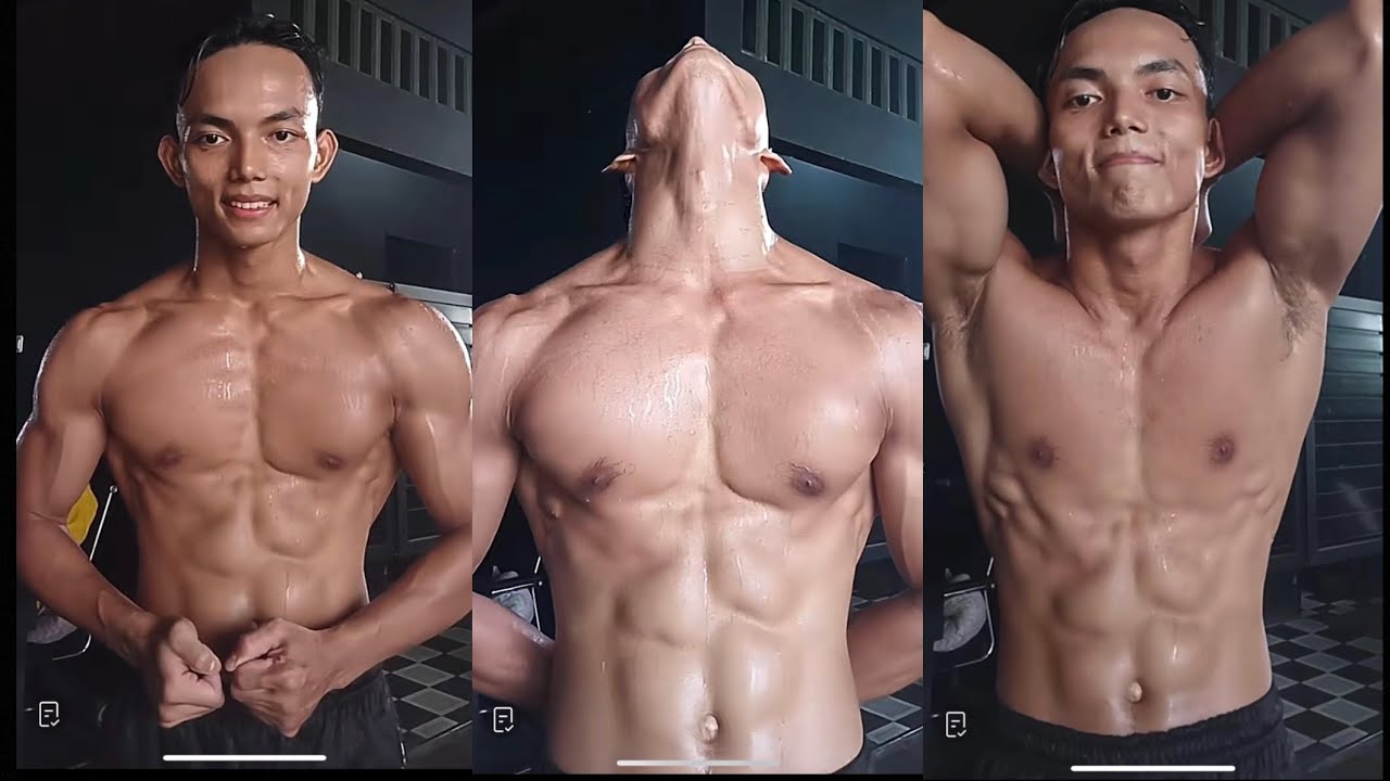 Binaraga pemula pose otot berkeringat di gym six pack body contest super beginner