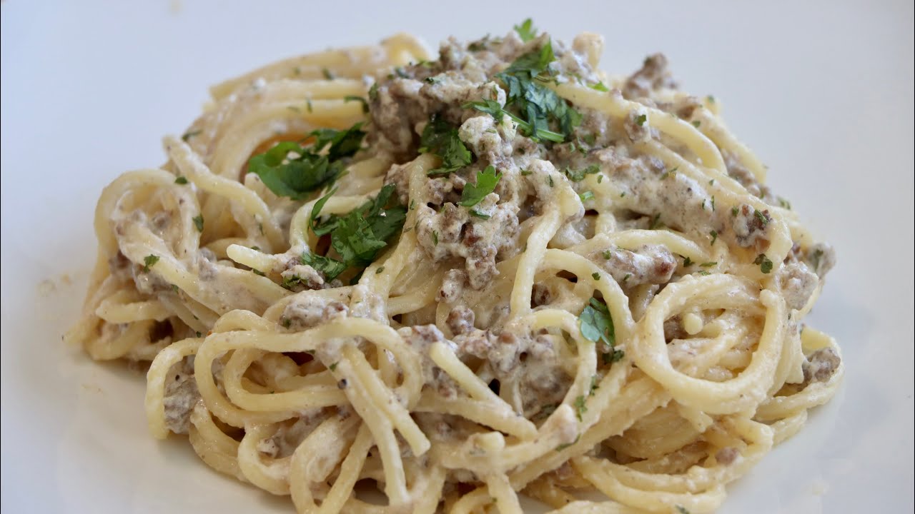 ESPAGUETI ALFREDO CON CARNE molida,   Rica, facil y rápida receta casera