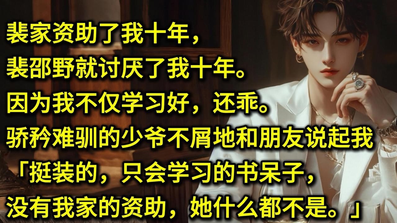 裴家资助了我十年，裴邵野就讨厌了我十年。因为我不仅学习好，还乖。骄矜难驯的少爷不屑地和朋友说起我。「挺装的，只会学习的书呆子，没有我家的资助，她什么都不是。」在我又一次拿到奖学金时，裴父问我要什么奖励