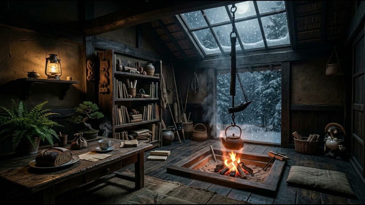 Quiet Lantern Cabin Sleep – Japanese Forest Hideout, Irori Fire & Moonlit Winter Silence