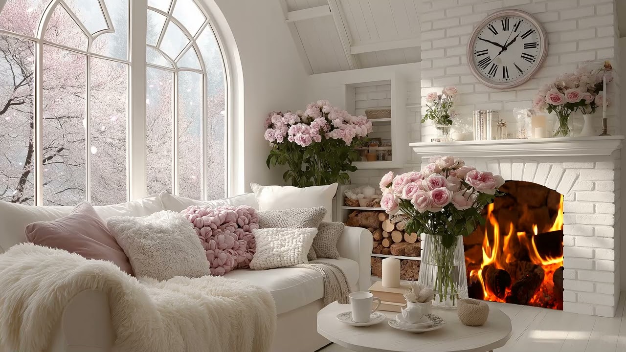 🌺 Gentle Piano by the Fire | 3 Hours Cozy Spring Lounge Scene | Healing Stress Relief Relax Focus