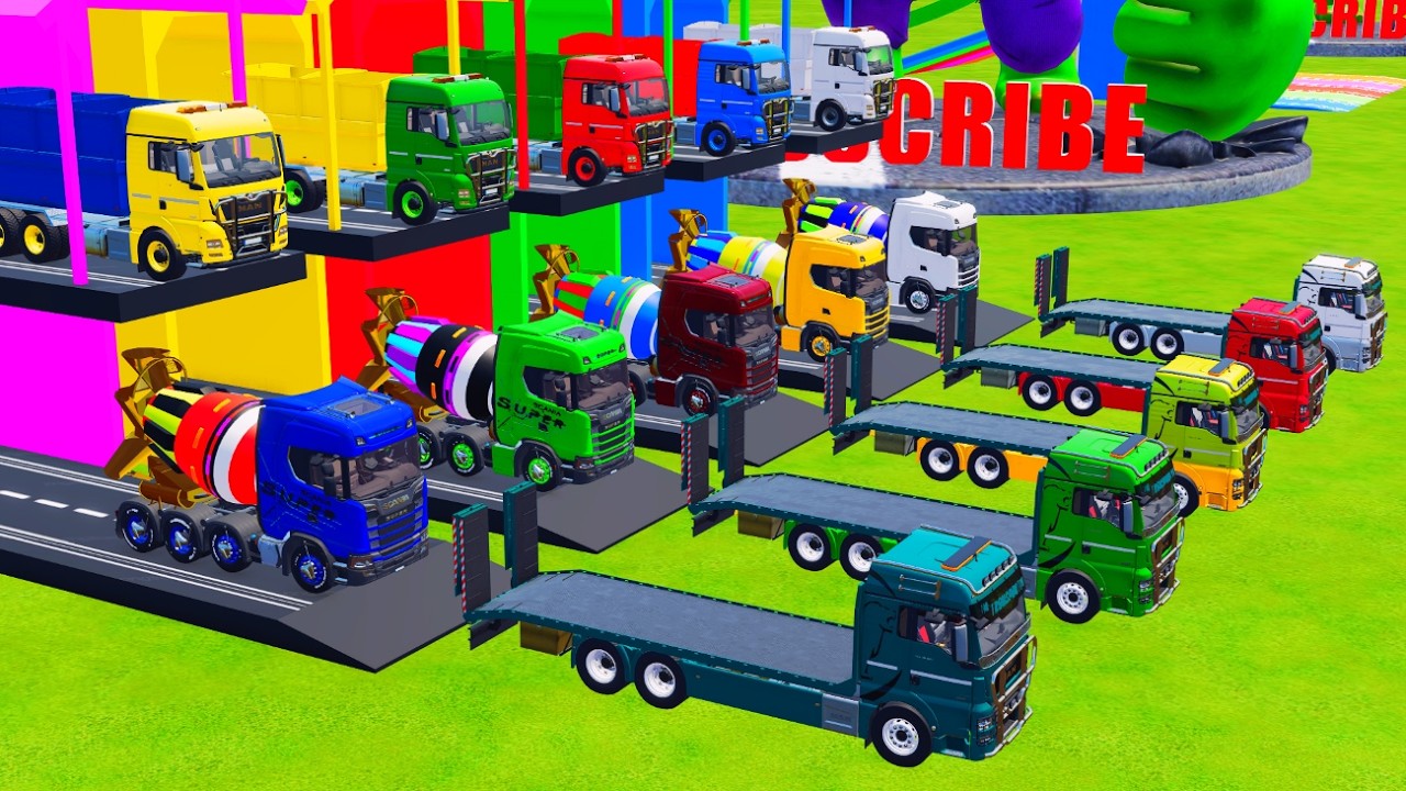 Colorful trucks - COLORFUL POLIMIX MIXER TRUCK, SCANI BUS TRANSPORTING TO GARAGE WITH MERCEDES TRUCK