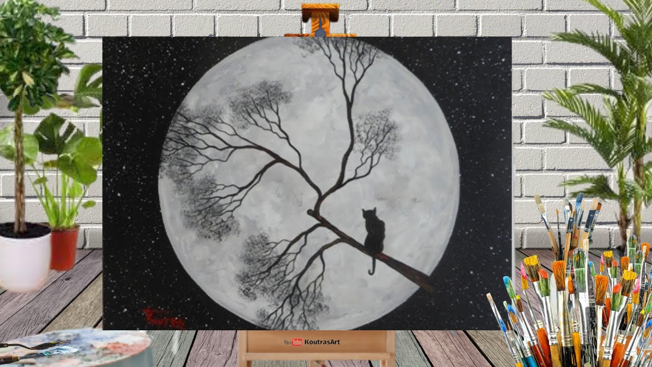 Cat on the Full Moon - Acrylic Painting on Canvas for Beginners