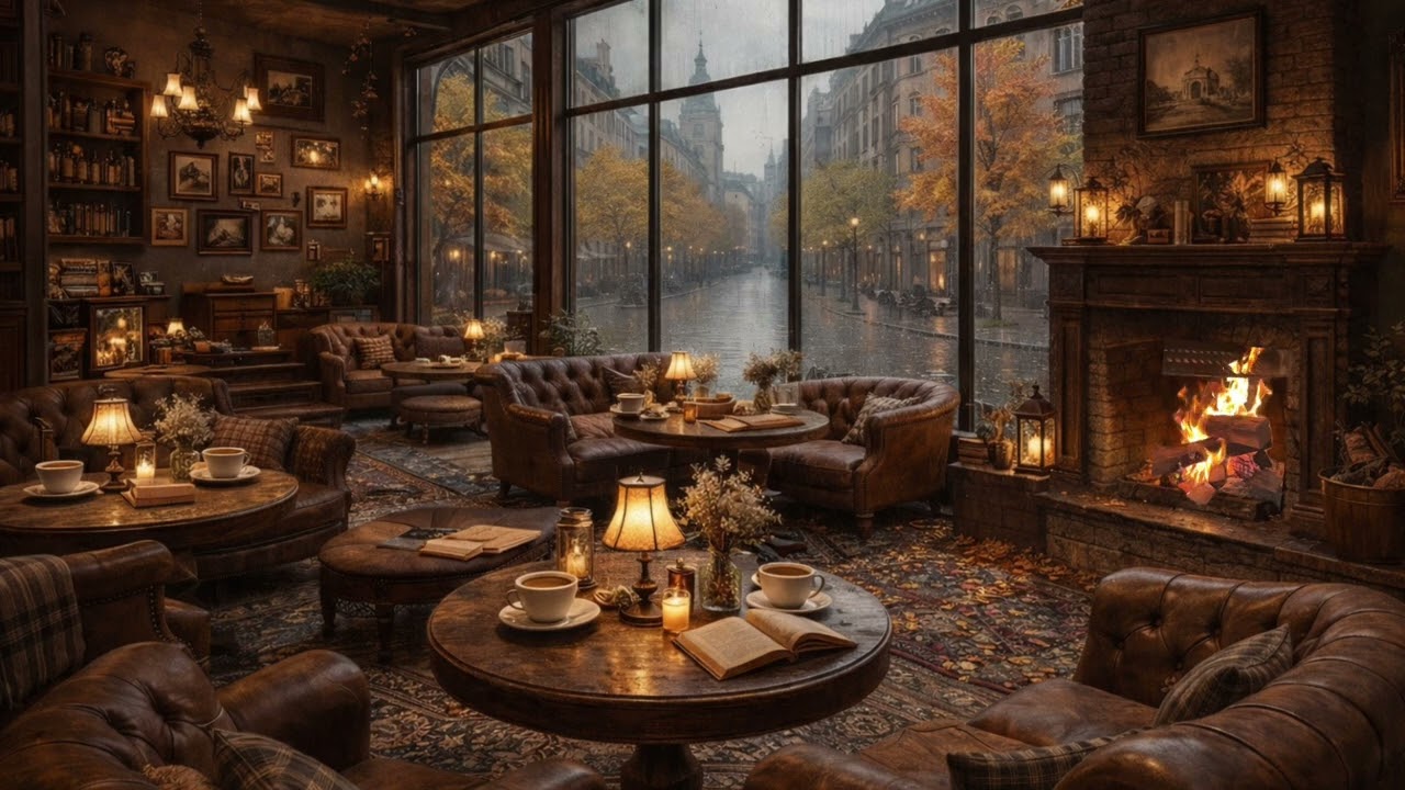Rainy Day Café Ambience ☕ Fireplace Warmth & Daytime Rain Sounds (No Music)